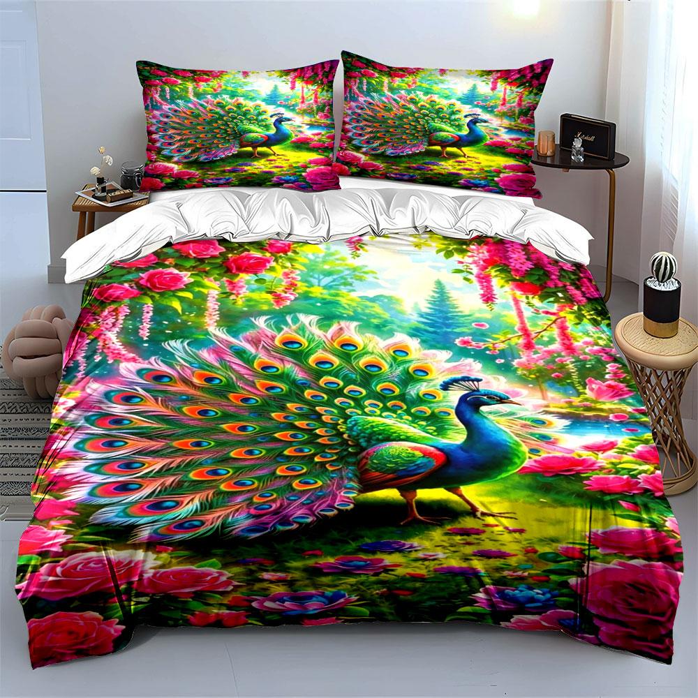 3pcs Peacock Rose Pattern 1 Duvet Cover+ 2 Pillowcases,Fashionable and soft Bedding set, Skin-Friendly, Suitable for Bedrooms