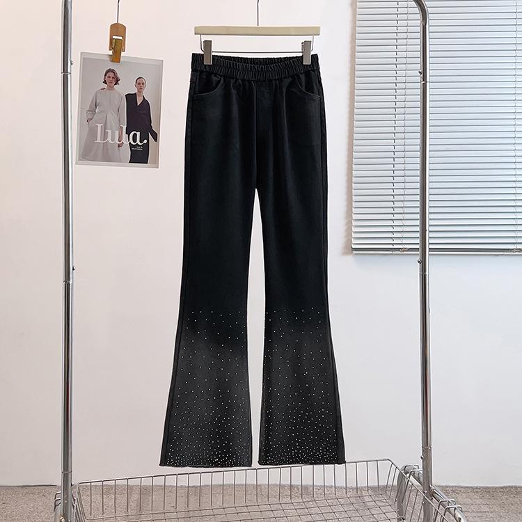 Spring 2026 Slim Fit Rhinestone Denim Flare Pants Plus Size Women s Fashion 3XL (120-140 jin) чёрный