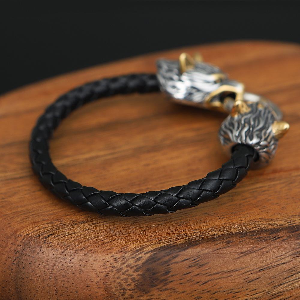 Echtes Leder Explosiver Stil Nordische Wikinger Mythologie Goldener Edelstahl Wolfskopf Armband Herrenschmuck