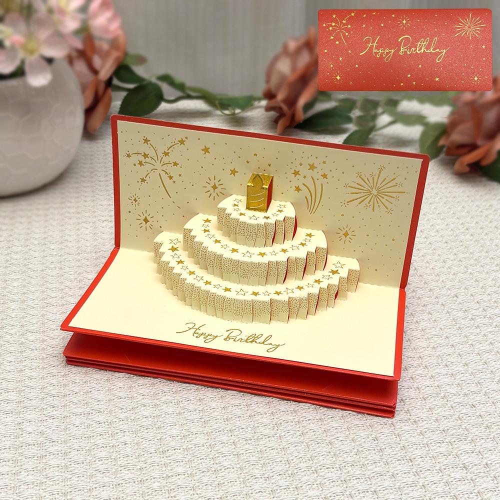 

6 Card Slots 3D Pop-Up Cake Greeting Card Folding Musical Light Gift Card Blessing Message Red Without Lights