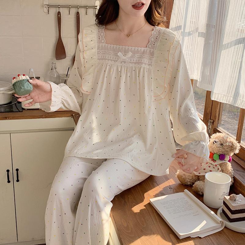 Sweet Polka Dot Lace Trim Princess Pajama Set for Women - Long Sleeve
