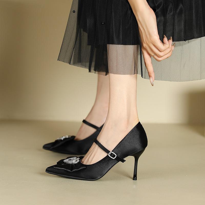 1-Love rhinestone bow single shoes women's one-word pointed stiletto high heels women's suede high heels women's shoes