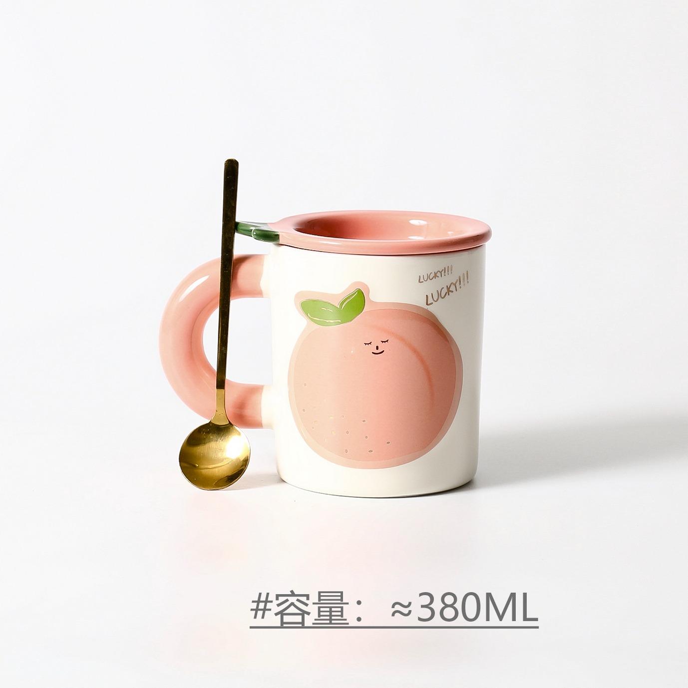 

Summer 380ml cute Ceramic Hand-painted Fruit Mug With Lid spoon Water Juice CoffeeCup For Girl 301-400ml персиковий