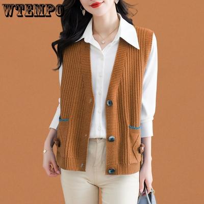 Knitted V-neck Vest Cardigan Women's Spring and Autumn Loose Jacket Sleeveless Pocket Vest Top