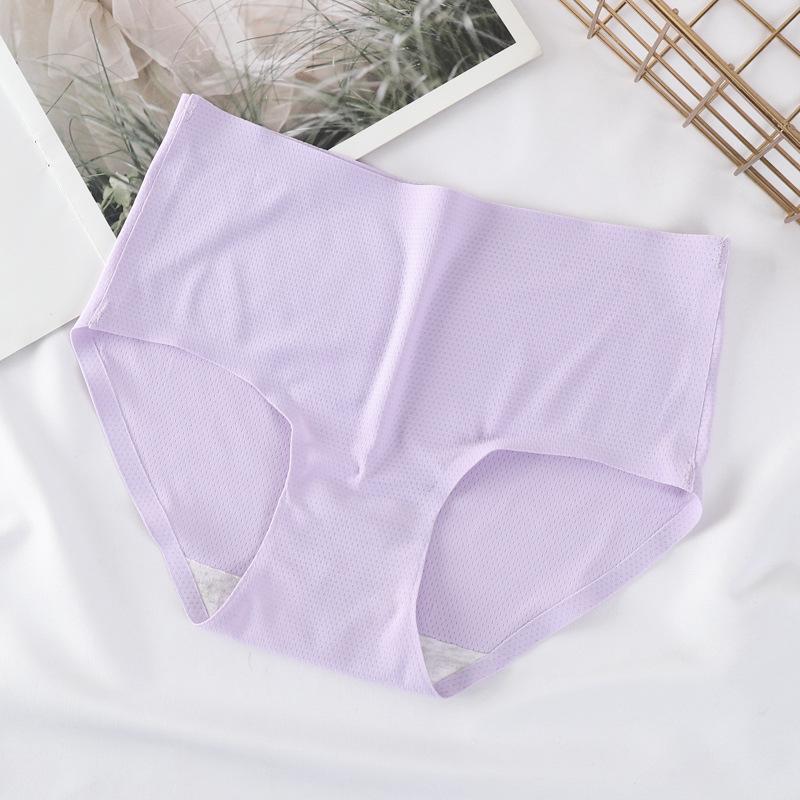 Women's Mid-Waist Seamless Ice Silk Briefs with Breathable Holes and Cotton Crotch