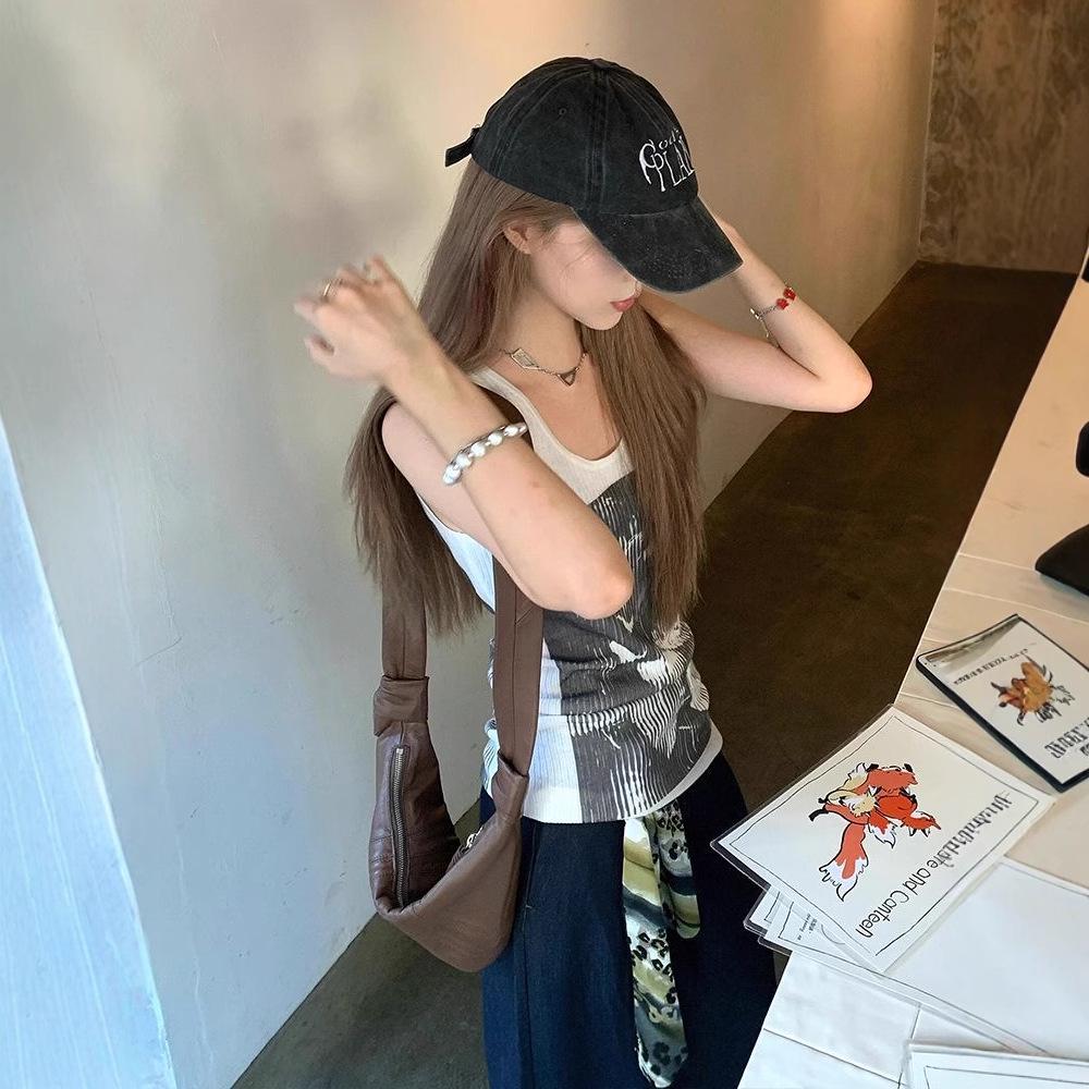 

American Retro White Print Women s Sling Tank Top - Slimming Sleeveless Summer Wear XL сірий колір