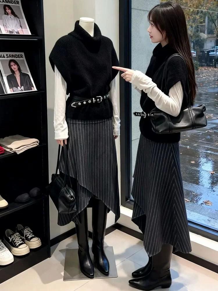 Women s Winter Black Knit Vest & Plaid Skirt Set - Korean Style L