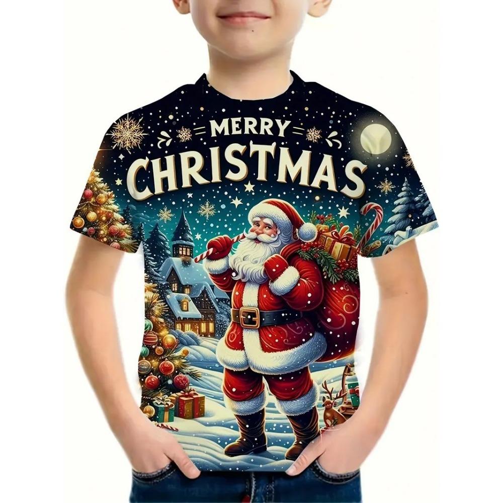 Children's Christmas Series 3D Digital Printed Boys' Fashion and Casual Round Neck Short Sleeved T-shirt