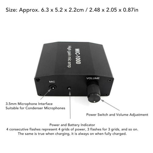 Compact Microphone Amplifier with 1000x Amplification, 3.5mm Headphone Interface, and Mobile Recording