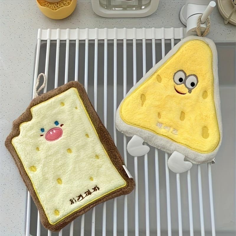 4pcs Cute Cartoon Bread-Shaped Coral Fleece Hand Towels Quick-Dry Soft Absorbent with Hanging Loop Design for Youngsters' Bathroom Kitchen