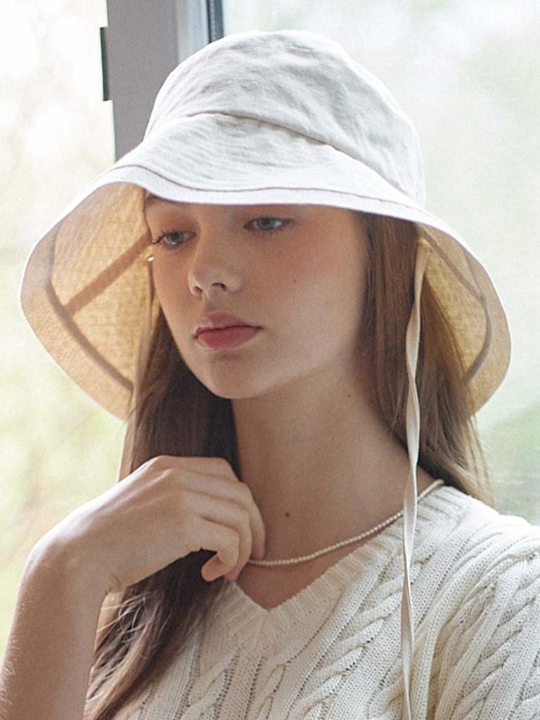 NONLOCAL Linen Ribbon Bucket Hat - Light Beige