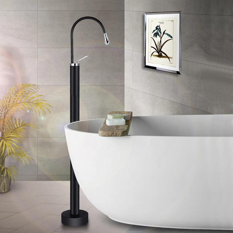 Tuqiu Black Bathroom basin Faucet Brass Floor Standing Bathtub Faucet Sink Mixer Tap super long water drop design gold sink tap
