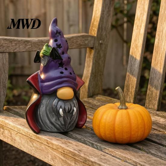 Halloween Tabletop Decorations Vampire Gnome Figurine, Resin Faceless Dwarf Statue with Purple Star Cute Theme Ornament Hat And Cape, Spooky