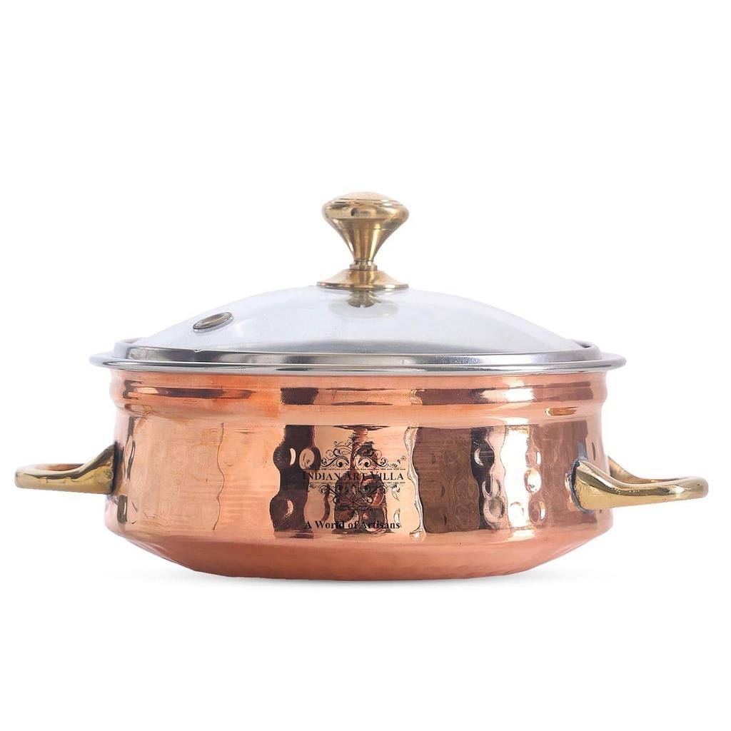 Steel Copper Handi with Brass Handle & Glass Lid No. 3, Serveware Casserole with Handle (Volume - 700 ml)