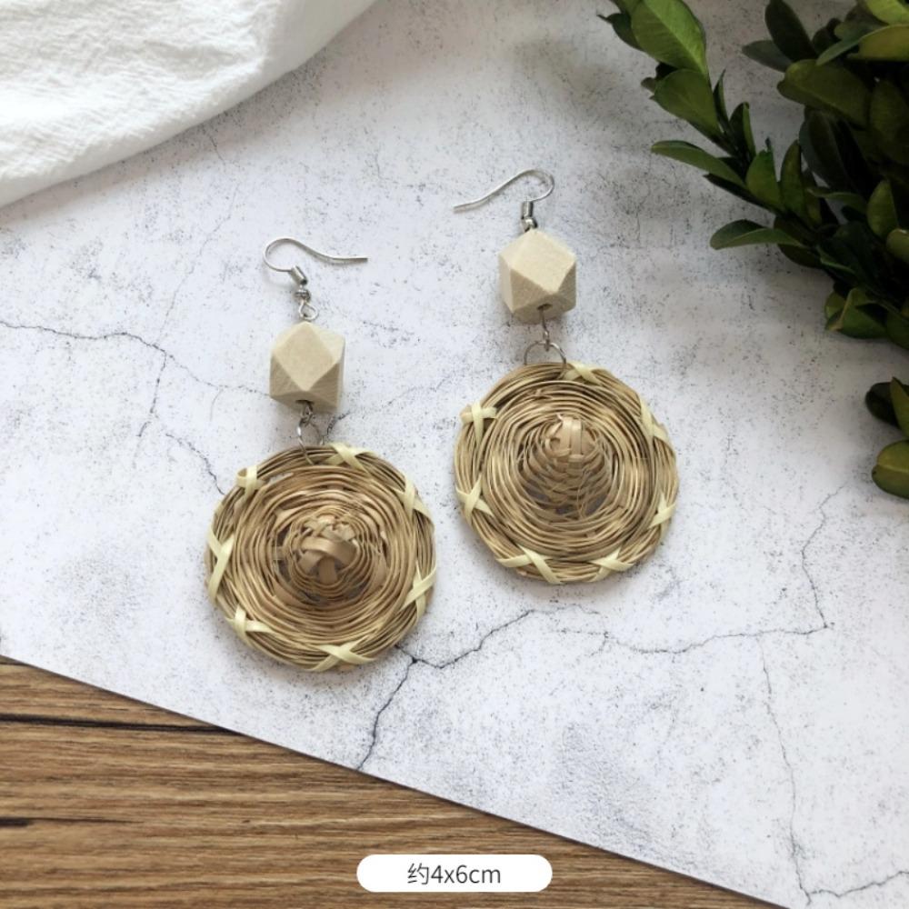 Vintage Mori Grass and Rattan Woven Handmade Earrings Bohemian Vacation Style Stud Earrings Female Ethnic Style Summer Ear Jewelry