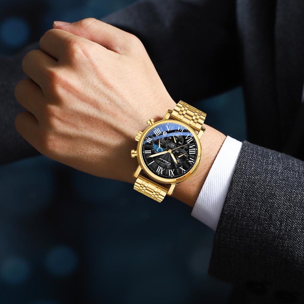 Business Gold Quartz Watches For Men Chronograph Calendar Man Watch Fashion Moon Phase Waterproof Men's Wristwatches