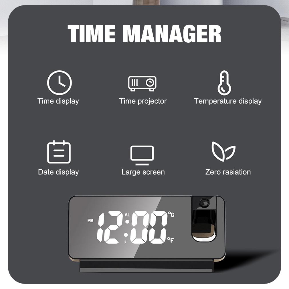 Multifunctional LED Digital Display Projection Alarm Clock 180° Rotation Time Projector Electronic Alarm USB Wake Up Desktop Clock Snooz Temperature