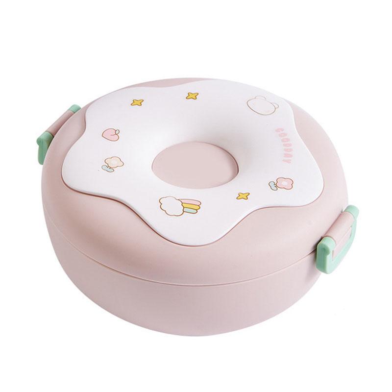 

Ланч-бокс Бенто в форме пончика, нагреваемый, с крышкой, вилкой, ложкой, пластиковый контейнер для ланча для офиса, школы розовый