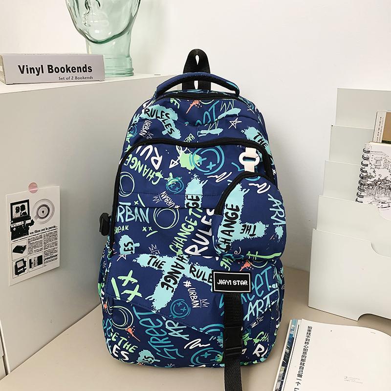 Graffiti-Print Herren Rucksack mit großem Fassungsvermögen Damen Leichter Schulrucksack aus Nylon für Studenten mit Münzbörse