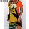 Damen Sommerkleid Kurzarm V-Ausschnitt Lässig 3D Vintage Blumen Print Elegantes A-Linien-Kleid