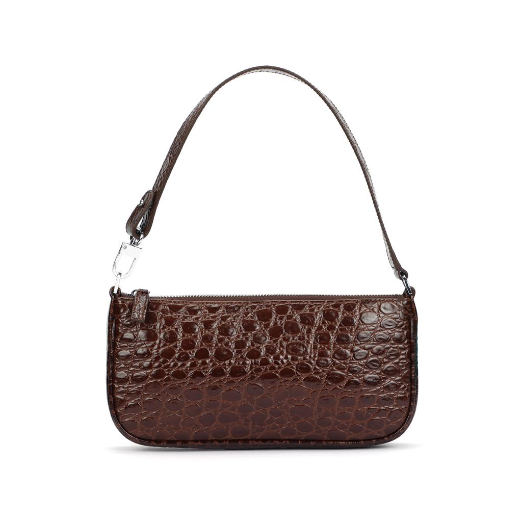 By Far Crocodile Pattern Embossed Zipper Closure Leather Mahjong Bag Handheld Shoulder Bag Women bags Brown 22PFRCLSSEQCCEMED
