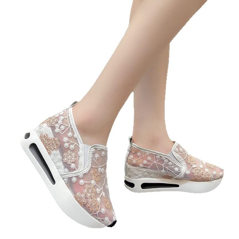 Spring and Summer New Round Head Cover Foot Thick Sole Casual Large Size Women's Deep Mouth Sports Embroidery Mesh Single Shoes Women