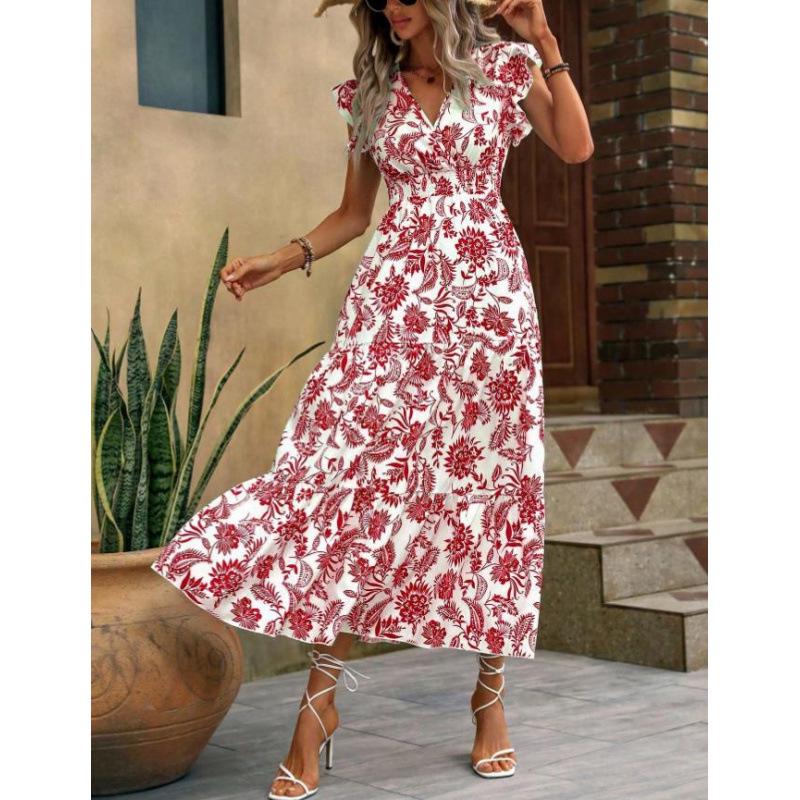 Yahua Women's Bohemian V-Neck Floral Dress - Elegant Summer Waist-Cinching Commuter Style 2026