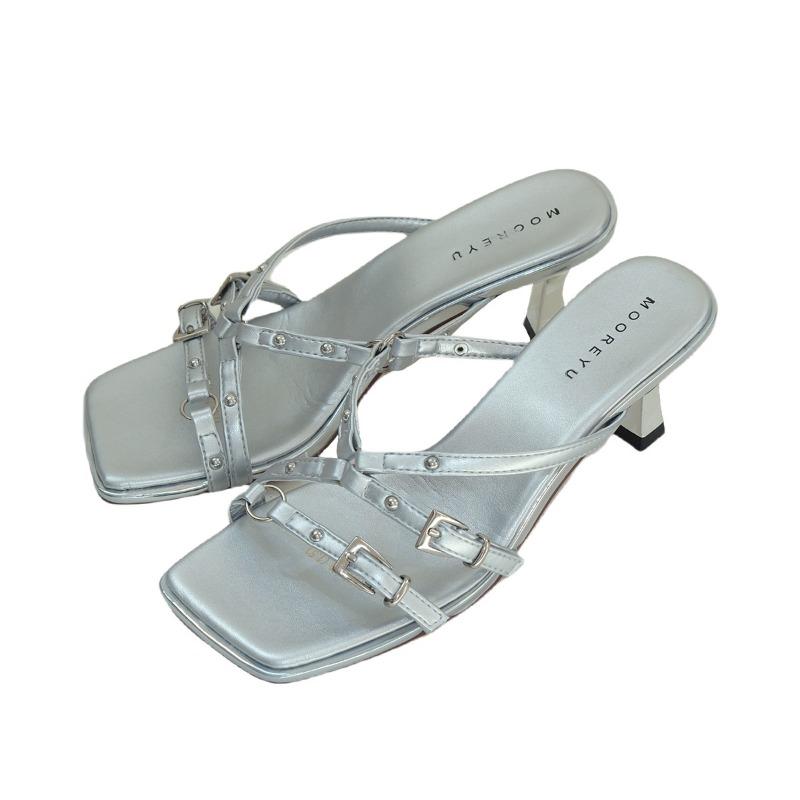 

Sheepskin~ High-heeled sandals for women s summer wear open-toe crossed with silver stiletto leather cool slippers 35