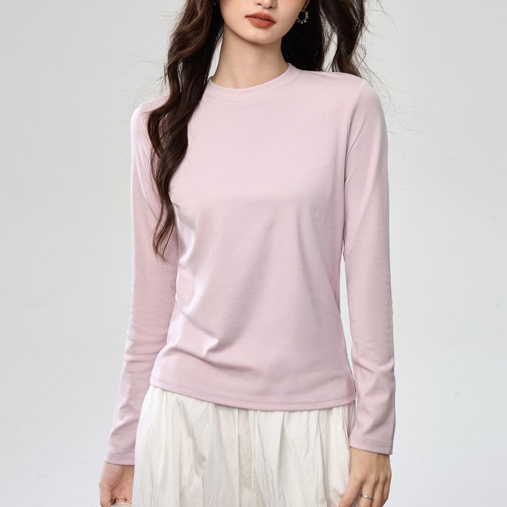 Damski Luźny Bawełniany T-shirt z Długim Rękawem w Kolorze Różowym, Półwysoki Okrągły Dekolt