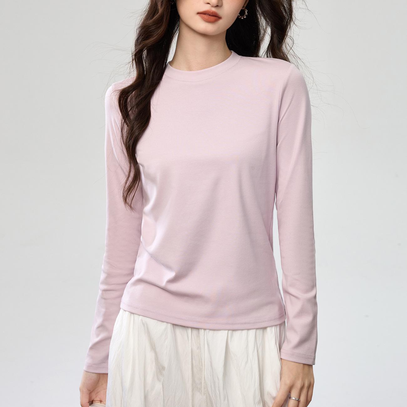 

Женская свободная прямая футболка с длинным рукавом из розового хлопка, полувысокий круглый вырез Large
