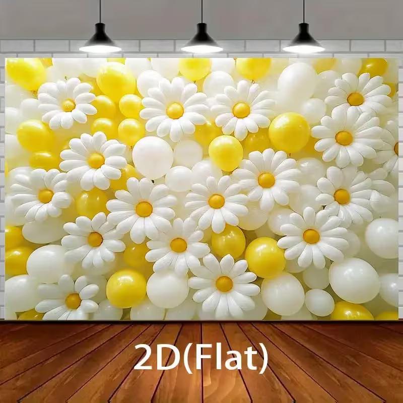Lebendiger Gänseblümchen- und Ballon-Hintergrund, Florale Szene, Fotografie-Hintergrundtuch