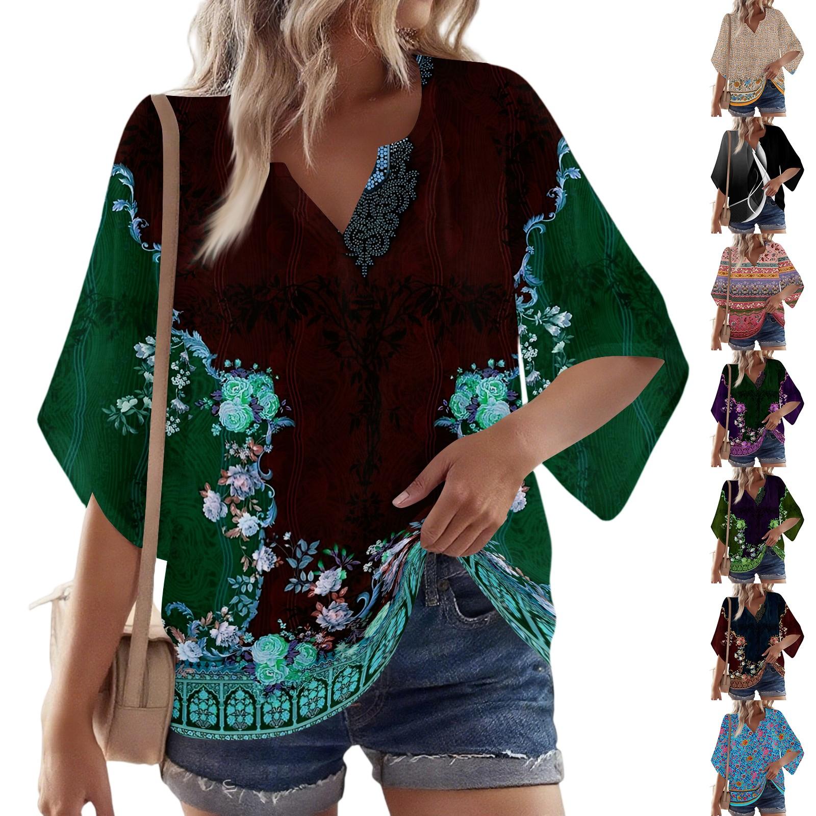 

Women s 3/4 Sleeve V Floral Shirt Casual Loose Tunic Top M