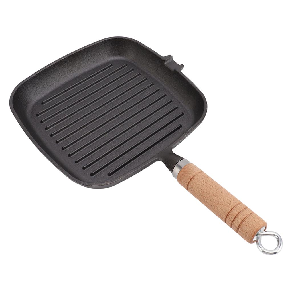 Cast Iron Skillet with Wooden Handle Square Uncoated Nonstick Cast Iron Grill Pan for Meats Steak Fish