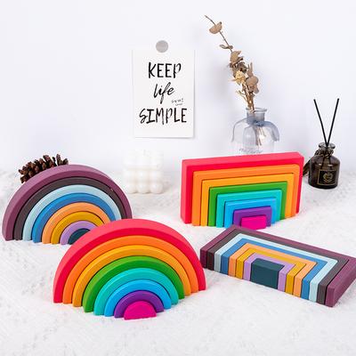 Montessori Wooden Rainbow Stacking Game,Eight Layers Square/Arch Colorful Stacker,Color Recognition Building Blocks Toys