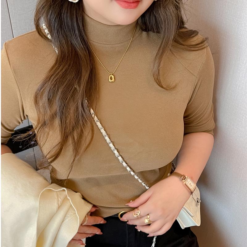 

Элегантная бархатная футболка с высоким воротом большого размера – женский топ однотонной расцветки для разных сезонов S (70-95 lbs)