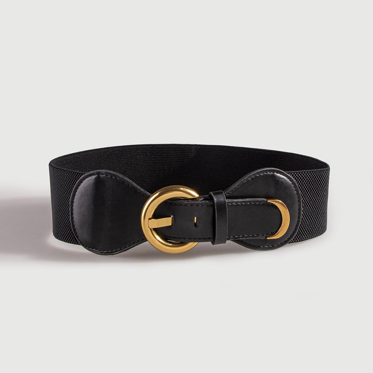 

Новый европейский и американский ретро широкий пояс с золотой пряжкой для женщин с платьем, чтобы они выглядели стройными и облегающими талию. Эластичный пояс