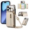 For iPhone 17 Pro Leather Back Cover Zipper Wallet Kickstand Phone Case with Shoulder Strap