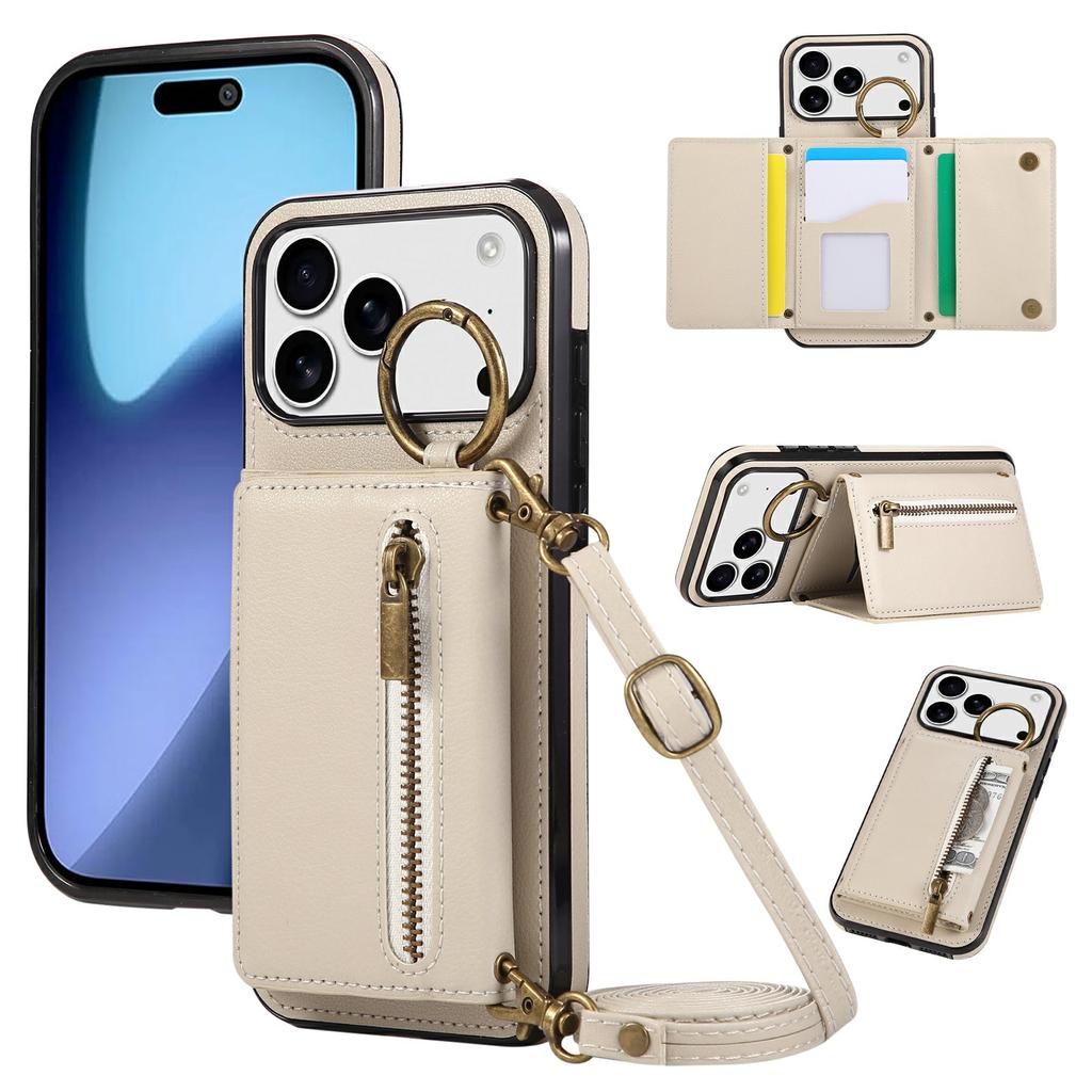 For iPhone 17 Pro Leather Back Cover Zipper Wallet Kickstand Phone Case with Shoulder Strap