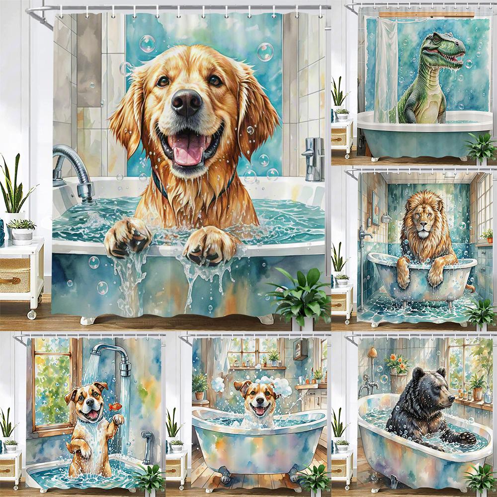 Funny Cat, Dog Shower Curtains with Hooks Home Decoration for Funny Bath Animal Bathroom Curtain Polyester Fabric Bath Curtain