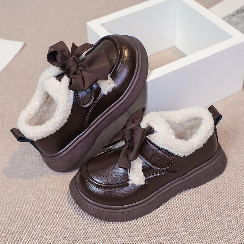 Princess Style Leather Shoes  New Winter Girls Plush Lining Dress Shoes Soft Sole Non-slip Classic School Mary Jane Flats