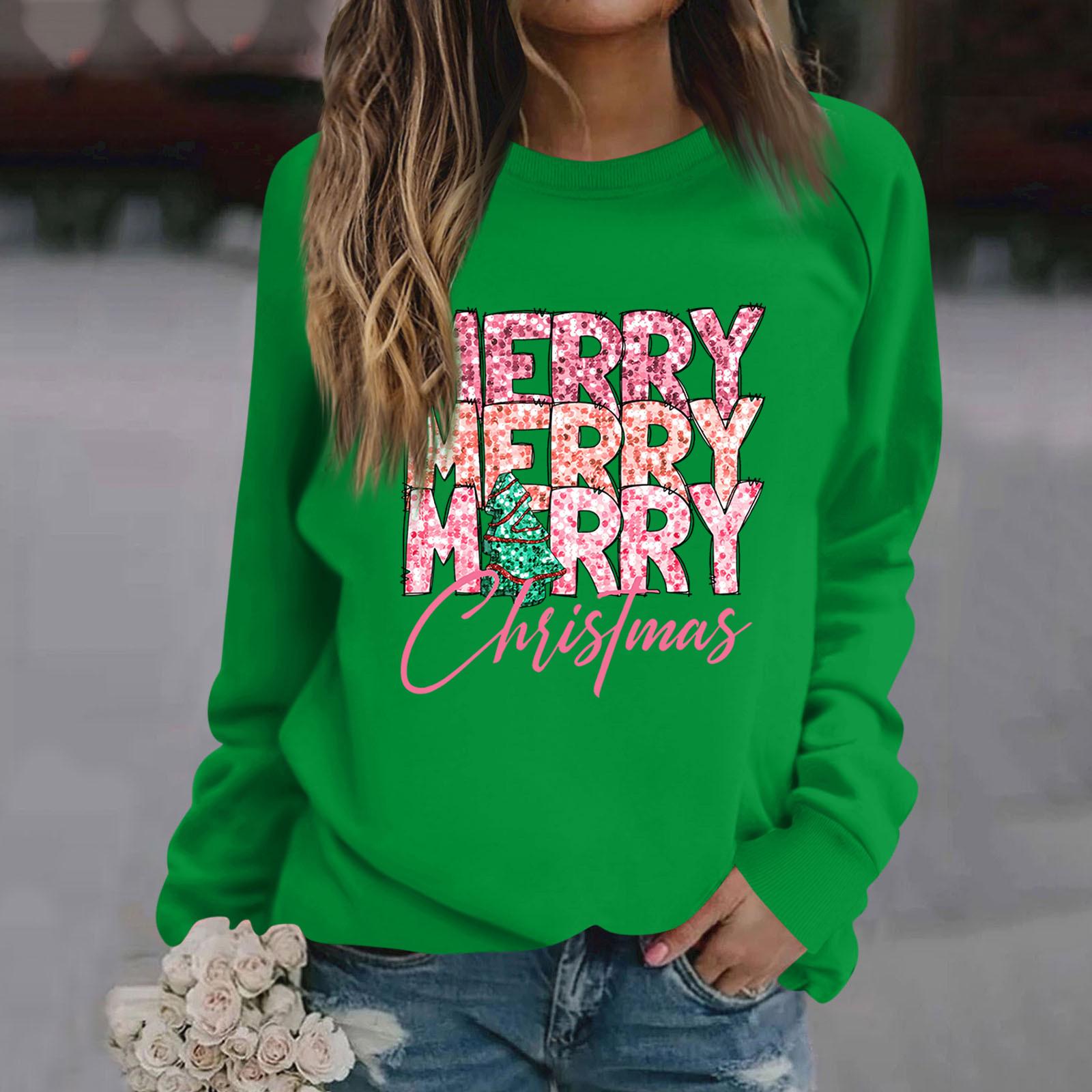 

Женские футболки, свободные, модные и повседневные толстовки с круглым вырезом и длинными рукавами с рождественским принтом L зелёный