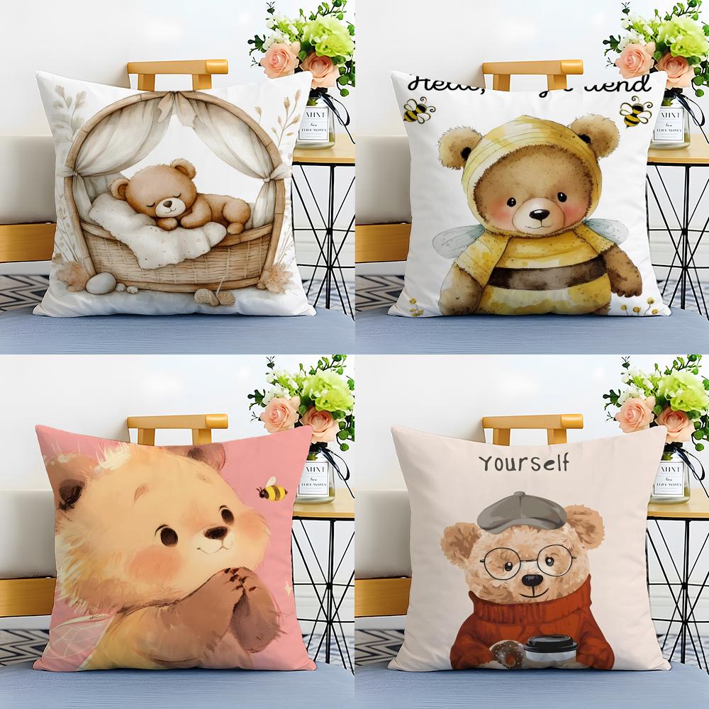 Cute Accompany Children Teddy Bear Cushion Cover Linen Pillowcase Soft  for Sofa Bed Home Room Decor