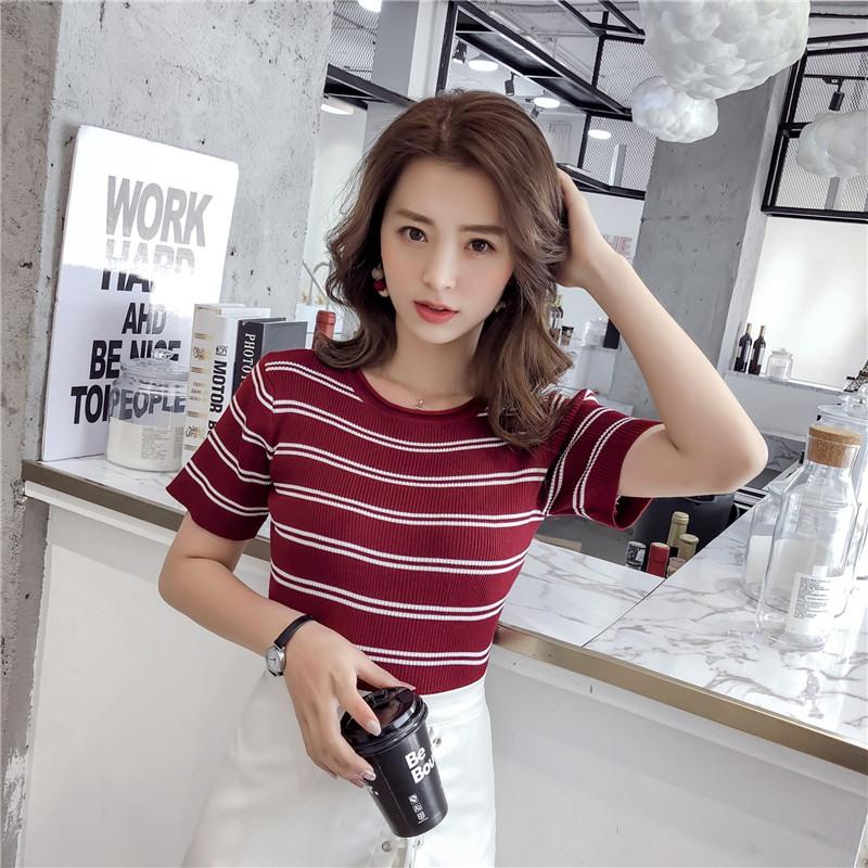 Skinny Knitted T Shirt Women Crop Top Ladies Summer Tee Shirt Contrast Striped Top Round Neck Short Sleeve Crop T-shirt 4 Color