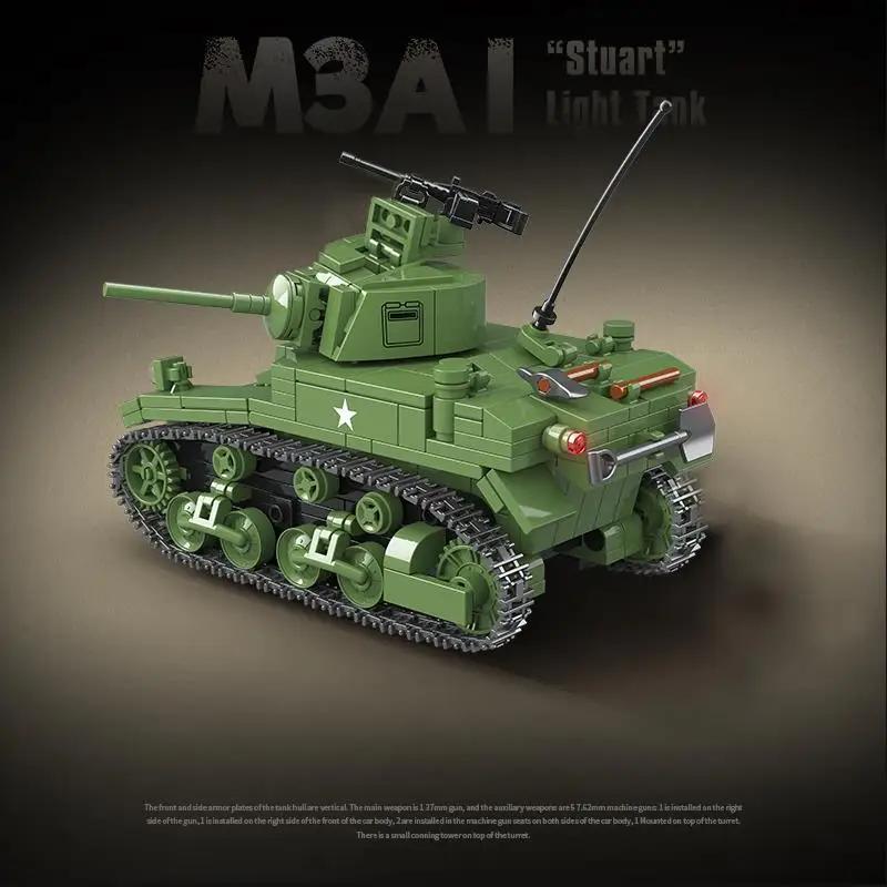 Military World War II USA M3A1 Stuart Light Tank Building Block Toy Collection Scale Model Children For Christmas And Birthday Gift Presents