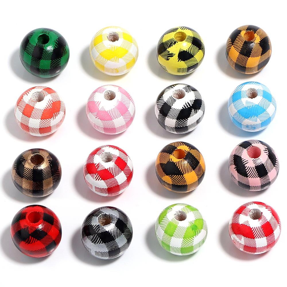 20pcs/lot Checkered Pattern Round Balls For Jewelry Making Wooden Beads Loose Spacer Beads DIY Bracelet Necklace Accessory