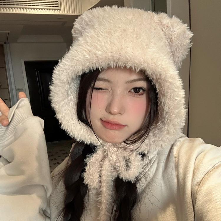 Plush Bear Hat Women's Winter Thickened Warm Knitted Hat Ear Protection Warm Wool Hat Windproof Cycling Lei Feng Hat