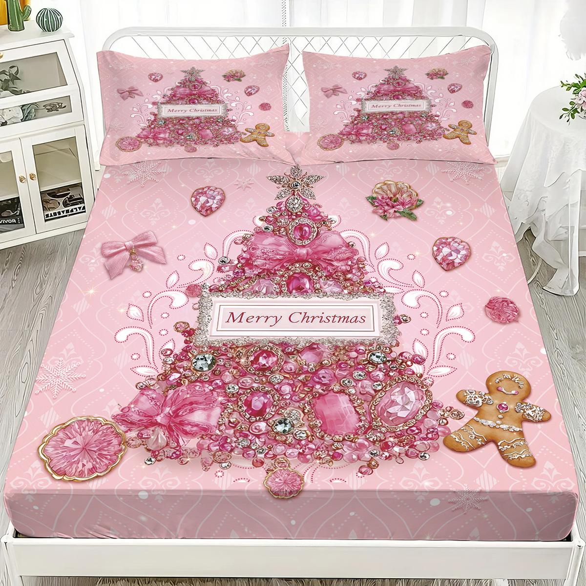 

3 шт. Розовый романтический комплект простыней без резинки с рождественским принтом, Разные размеры, Покрывала, Постельное белье для спальни, Праздничные украшения 90x191cm
