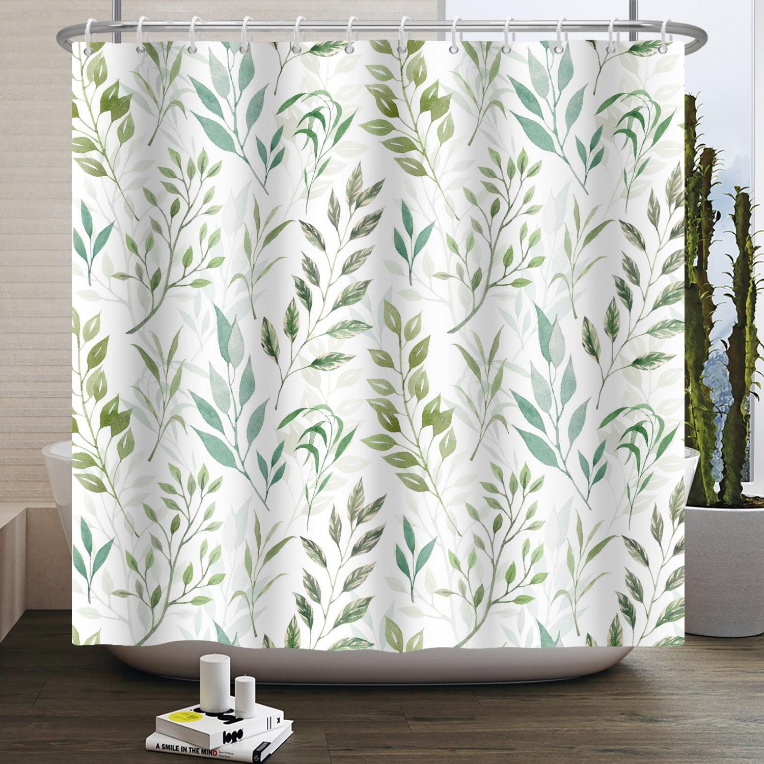 

Waterproof Shower Curtain Green Leaves Pattern Tropical Plant Design Nature Theme Bathroom Decor Modern Eco Style Bath Curtain W60H190(CM)-1 Pcs