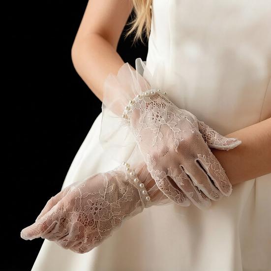 Women Lace Gloves Bridal Gloves with Bow Sheer Tea Party Wrist Gloves for Wedding Prom Cocktail Party