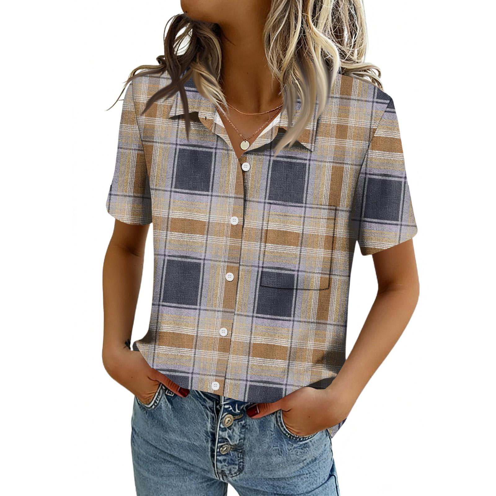 

Women Blouses Short Sleeve Button Down Shirts Business Casual Dressy Work Tops Summer Spring Clothes XL